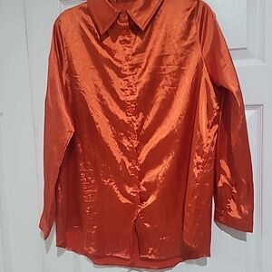 Prettylittlething shiny orange blouse long sleeve sz M